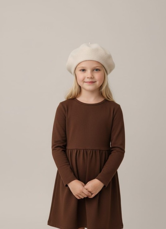 Бежова детска барета с помпон върху момиче с есенна рокля