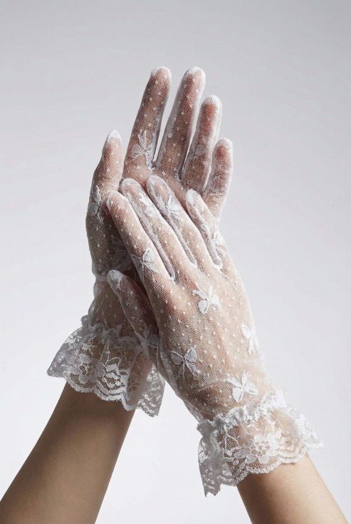 дантелени ръкавици, официални ръкавици за момиче, снежнобели ръкавици, ръкавици за тържества, елегантни аксесоари за момичета, детски ръкавици с волан, ръкавици с панделки