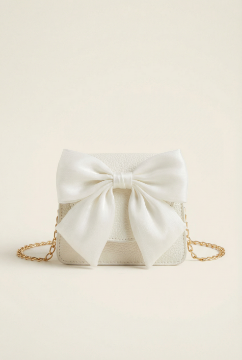 детска чантичка, бяла чантичка за момиче, елегантна чантичка с панделка, детски аксесоари, чантичка със златна верижка, подарък за момиче, официална чантичка за тържества